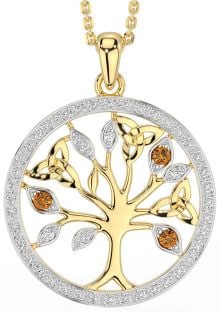 Diamond Citrine Gold Silver Celtic Tree of Life Trinity Knot Necklace