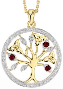 Diamond Garnet Gold Silver Celtic Tree of Life Trinity Knot Necklace