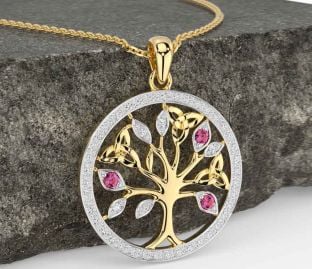 Diamond Pink Tourmaline Gold Silver Celtic Tree of Life Trinity Knot Necklace