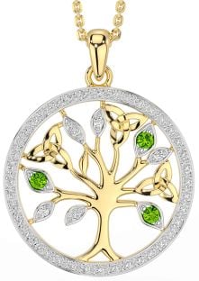 Diamond Peridot Gold Silver Celtic Tree of Life Trinity Knot Necklace