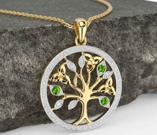 Diamant Peridot Guld Silver Keltiskt Träd av Liv Treenighet Knut Halsband