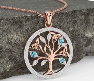 Diamond Aquamarine Rose Gold Celtic Tree of Life Trinity Knot Necklace