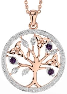 Diamond Alexandrite Rose Gold Celtic Tree of Life Trinity Knot Necklace