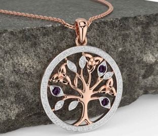 Diamond Alexandrite Rose Gold Celtic Tree of Life Trinity Knot Necklace