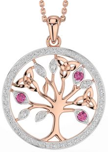 Diamond Pink Tourmaline Rose Gold Celtic Tree of Life Trinity Knot Necklace