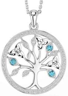 Diamond Aquamarine Silver Celtic Tree of Life Trinity Knot Necklace