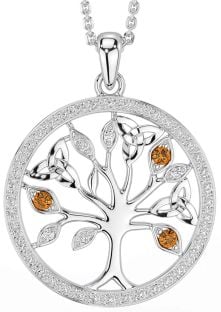 Diamond Citrine Silver Celtic Tree of Life Trinity Knot Necklace