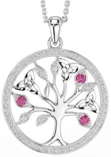 Diamond Pink Tourmaline Silver Celtic Tree of Life Trinity Knot Necklace