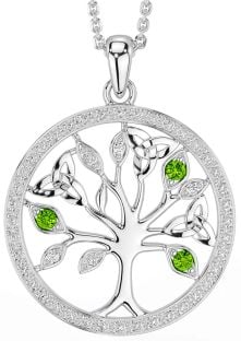 Diamond Peridot Silver Celtic Tree of Life Trinity Knot Necklace