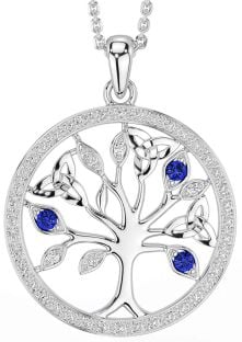 Diamond Sapphire Silver Celtic Tree of Life Trinity Knot Necklace