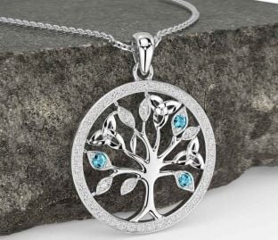 Diamond Aquamarine White Gold Celtic Tree of Life Trinity Knot Necklace