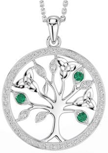 Diamond Emerald White Gold Celtic Tree of Life Trinity Knot Necklace