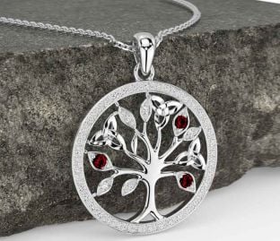 Diamond Garnet White Gold Celtic Tree of Life Trinity Knot Necklace