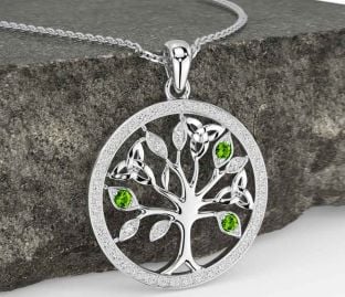 Diamant Peridot Bílý Zlato keltský Strom z Život Trojice Uzel Náhrdelník