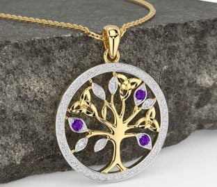 Diamond Amethyst Gold Celtic Tree of Life Trinity Knot Necklace