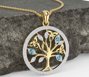 Diamond Aquamarine Gold Celtic Tree of Life Trinity Knot Necklace