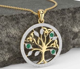 Diamond Emerald Gold Celtic Tree of Life Trinity Knot Necklace