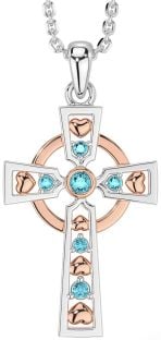 Aquamarine Rose Gold Silver Celtic Cross Necklace