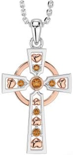 Citrine Rose Gold Silver Celtic Cross Necklace