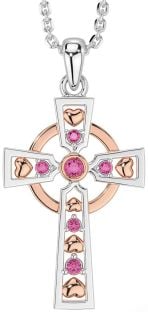 Pink Tourmaline Rose Gold Silver Celtic Cross Necklace