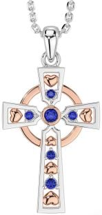 Sapphire Rose Gold Silver Celtic Cross Necklace