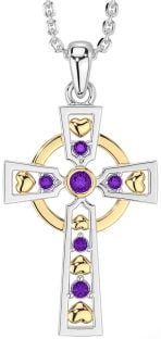 Amethyst Gold Silver Celtic Cross Necklace