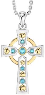 Aquamarine Gold Silver Celtic Cross Necklace