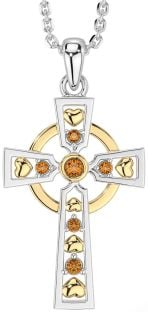 Citrine Gold Silver Celtic Cross Necklace