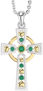 Emerald Gold Silver Celtic Cross Necklace