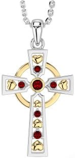 Garnet Gold Silver Celtic Cross Necklace