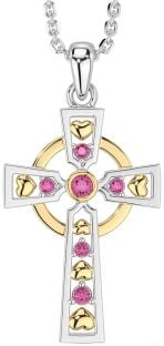 Pink Tourmaline Gold Silver Celtic Cross Necklace