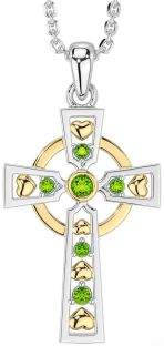 Peridot Gold Silver Celtic Cross Necklace