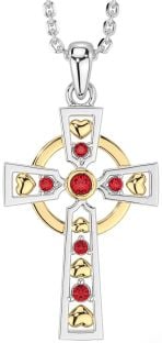 Ruby Gold Silver Celtic Cross Necklace