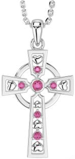 Pink Tourmaline Silver Celtic Cross Necklace