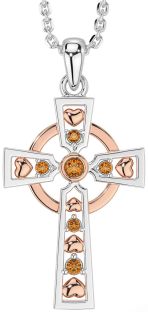 Citrine White Rose Gold Celtic Cross Necklace