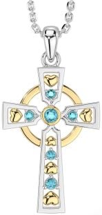 Aquamarine White Yellow Gold Celtic Cross Necklace