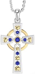 Sapphire White Yellow Gold Celtic Cross Necklace