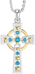 Topaz White Yellow Gold Celtic Cross Necklace