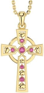 Pink Tourmaline Gold Celtic Cross Necklace