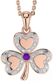 Diamond Amethyst Rose Gold Silver Shamrock Necklace