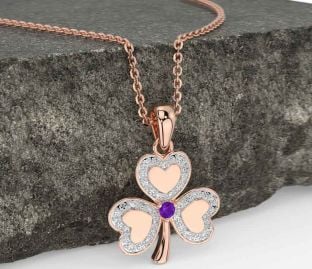 Diamond Amethyst Rose Gold Silver Shamrock Necklace