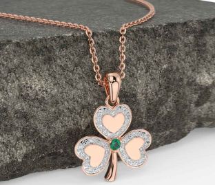 Diamond Emerald Rose Gold Silver Shamrock Necklace