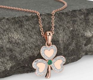 Diamond Emerald Rose Gold Shamrock Necklace