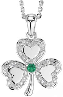 Diamond Emerald Silver Shamrock Necklace