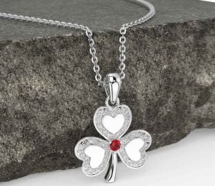 Diamond Ruby Silver Shamrock Necklace