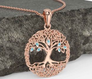Aquamarine Rose Gold Silver Celtic Tree of Life Necklace