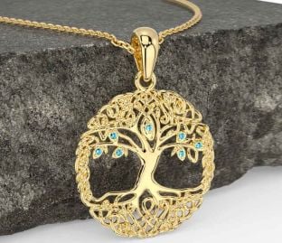 Aquamarine Gold Silver Celtic Tree of Life Necklace
