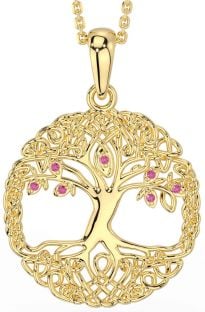 Pink Tourmaline Gold Silver Celtic Tree of Life Necklace