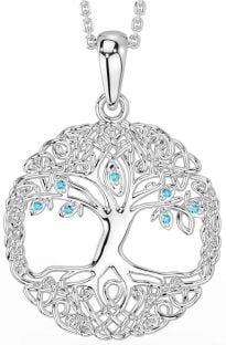 Aquamarine Silver Celtic Tree of Life Necklace