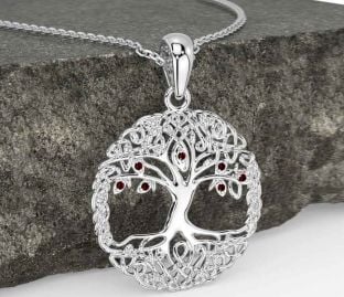 Garnet White Gold Celtic Tree of Life Necklace